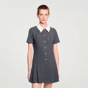 Sandro Paris Rhinestone Pleated Check Mini Dress w/ Removable Collar size 36